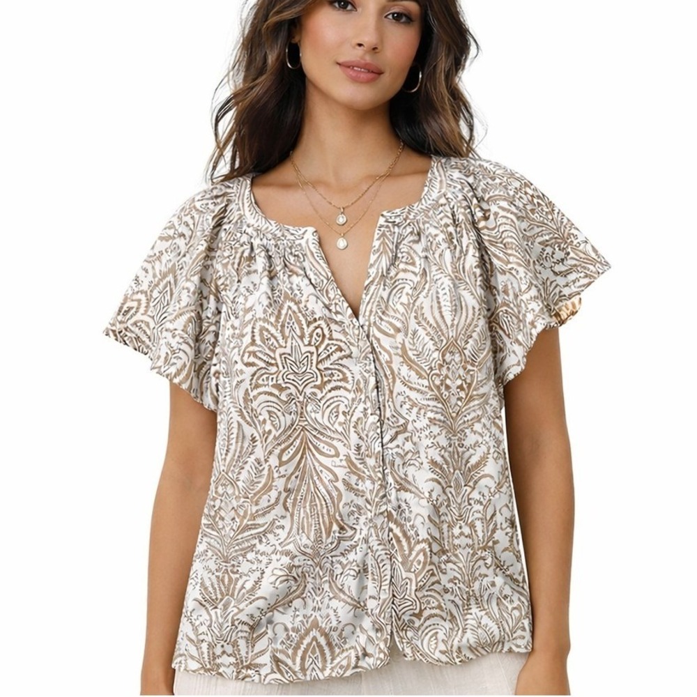 LOFT Floral Flutter Sleeve V-Neck Top Brown Cotton Tropical Boho Coastal Size M